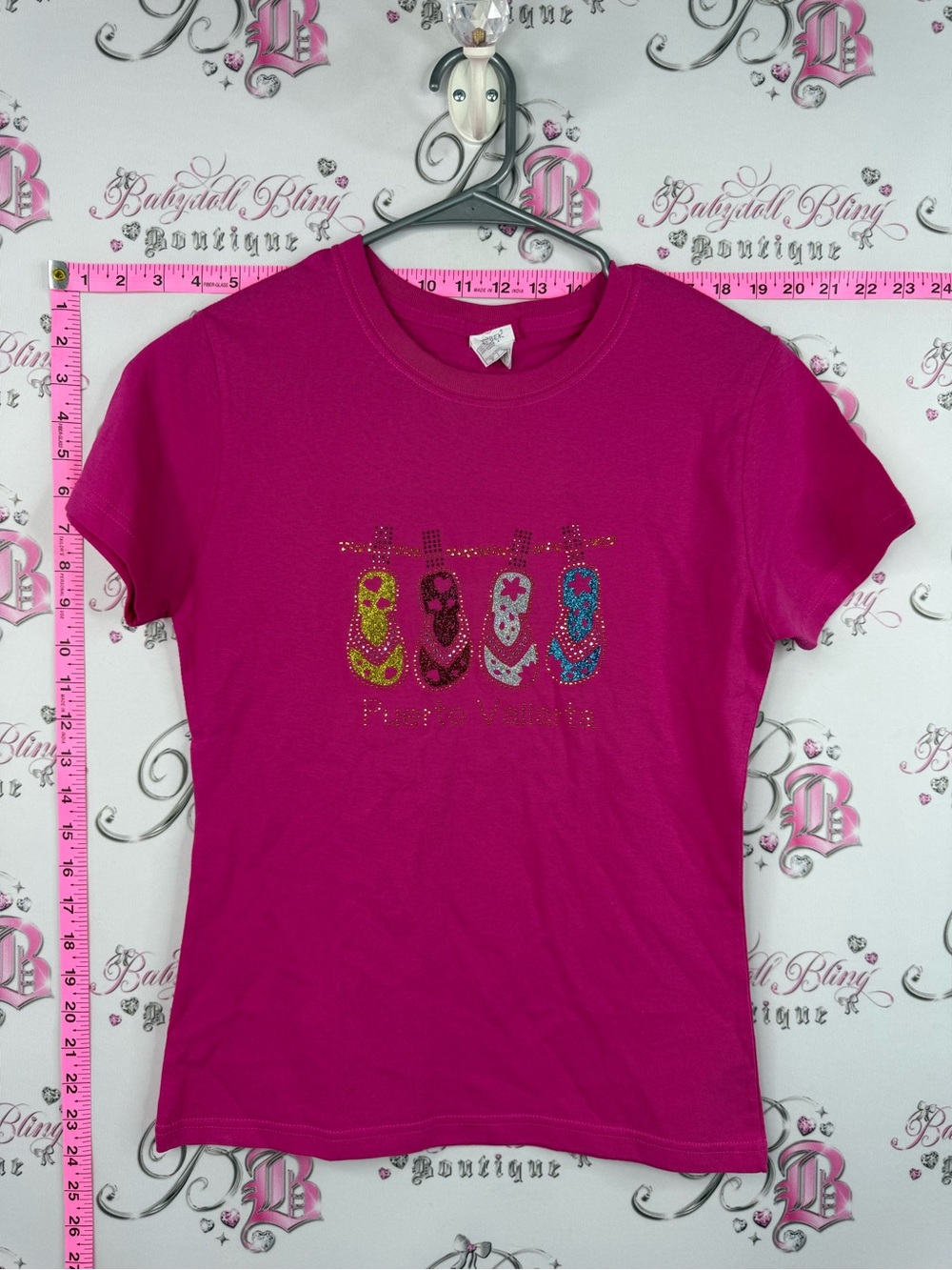 Yazbek tshirt rhinestone Puerto Vallarta, Bright Magenta Graphic Tee